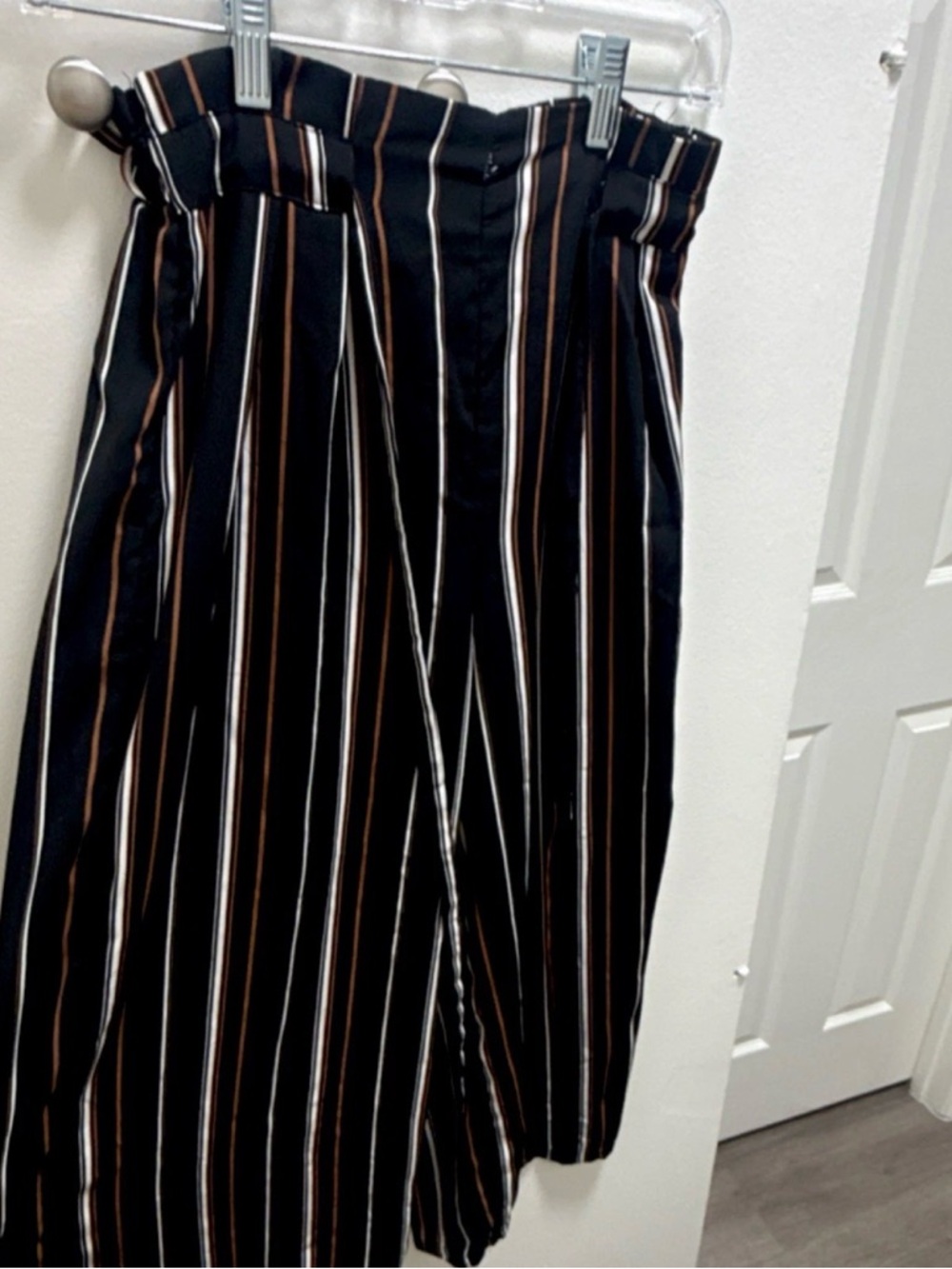 Sienna Sky Black Wide Leg Paperbag Pants with White & Brown Stripes